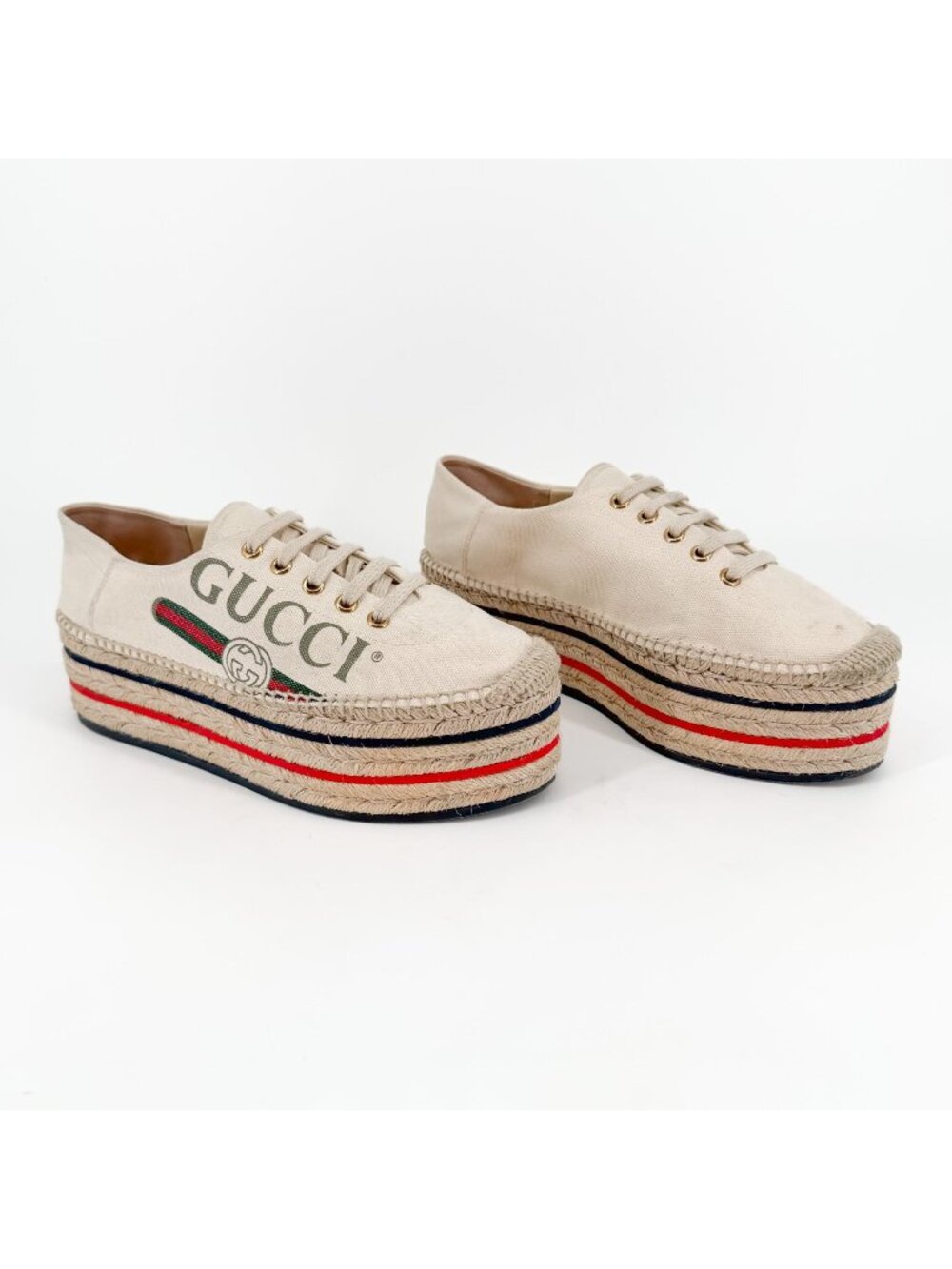 Gucci Lilibeth Espadrille Platform Sneakers Beige Size 38 US 8 Women’s GG Logo